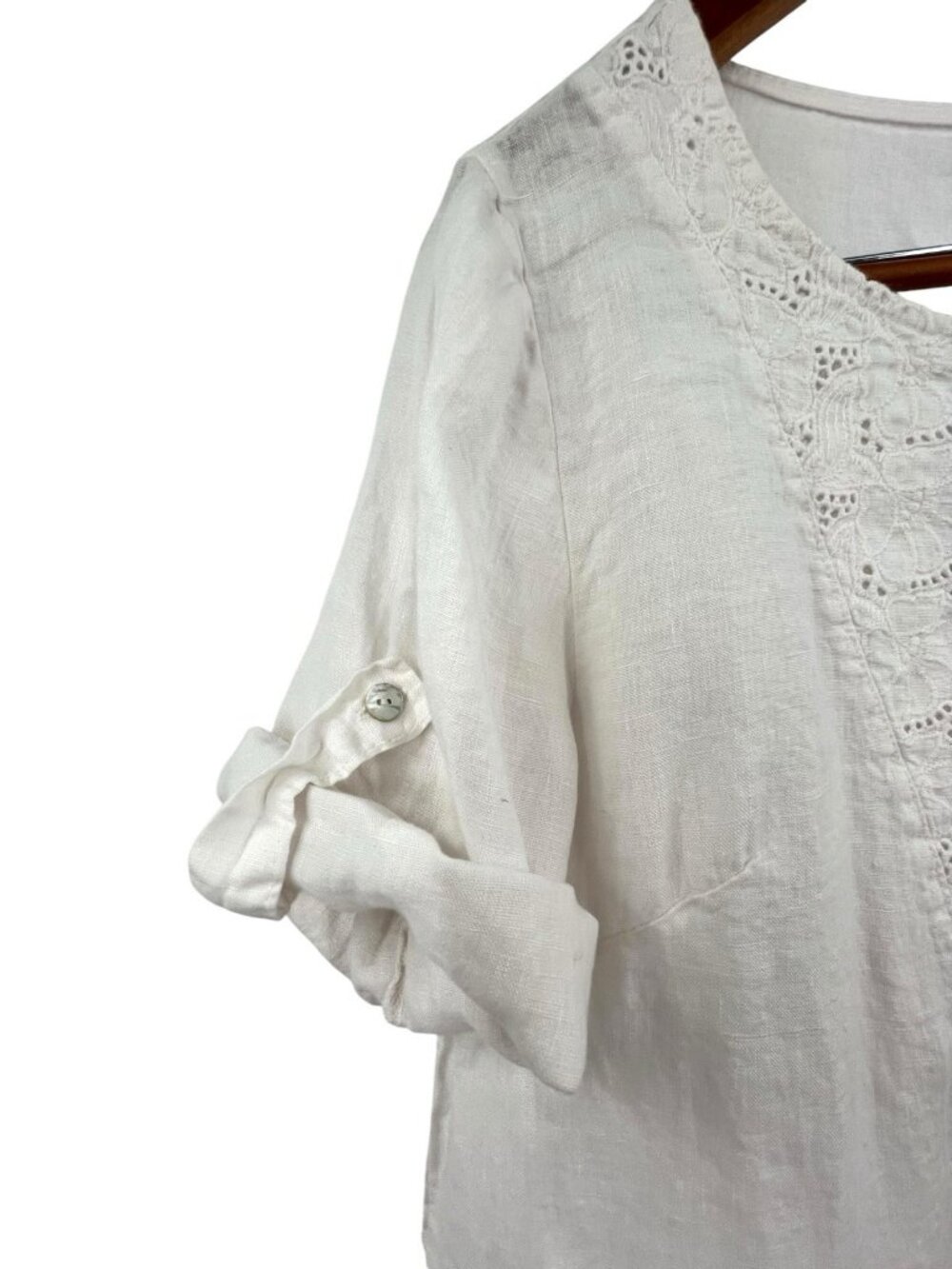 LINA TOMEI Women's White Linen Roll-Tab Short Sleeve Floral Crochet Blouse Large - Picture 3 of 6